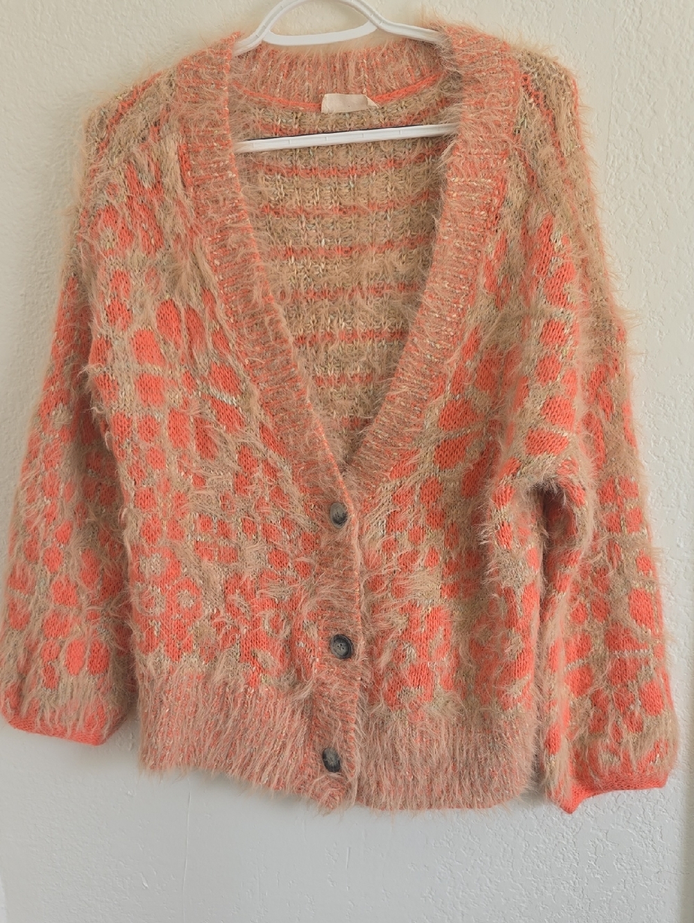 Altar'd State Coral and Beige Fuzzy Button-Front Cardigan